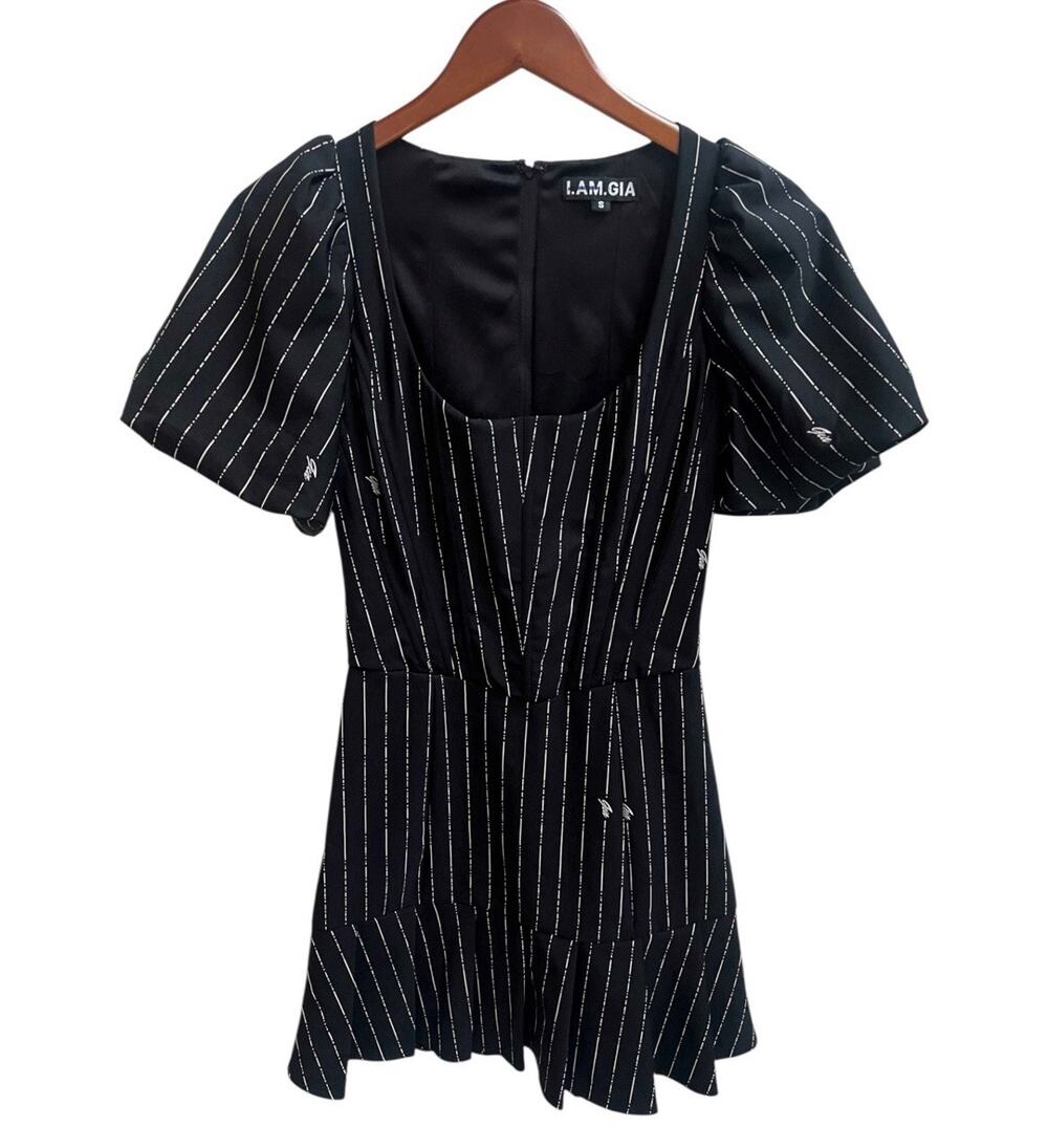 I.AM.GIA Chelsey Dress Sz S Mini Black Pinstripe Boning Corset Logo Puff Slv